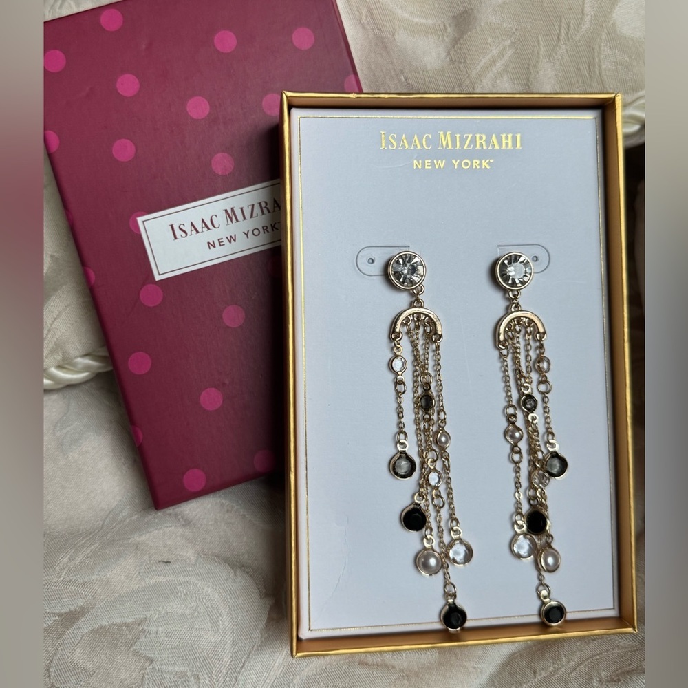 908. Nib Isaac Mizrahi Rhinestone Dangle Chandelier Pierced Earrings